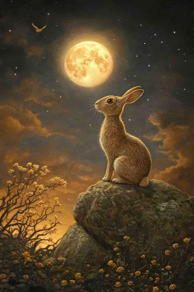 A brown rabbit sits on a rock, gazing up at a large, full moon in a starry night sky. The rabbit's fur is soft and fluffy, and its ears are long and pointed. The moon is bright and luminous, and its light casts a soft glow on the scene. The background is filled with a myriad of twinkling stars. A single bird flies above the moon. The rabbit and the moon create a sense of peace and serenity.
