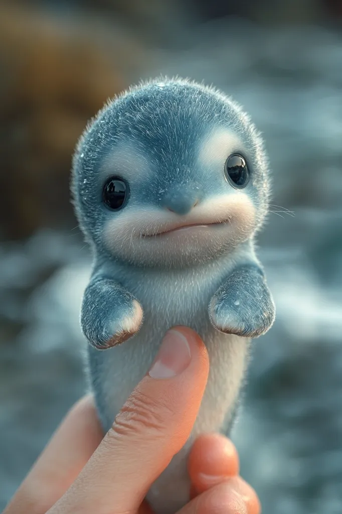 The image shows a small, furry penguin with big, dark eyes. It is being held by a human hand, and its blue-grey feathers are soft and fluffy. The penguin appears to be looking up at the camera with a curious expression, its beak slightly open. The background is out of focus, highlighting the penguin as the central subject. The image evokes feelings of cuteness and tenderness, with the penguin's innocent gaze drawing attention to its charm.