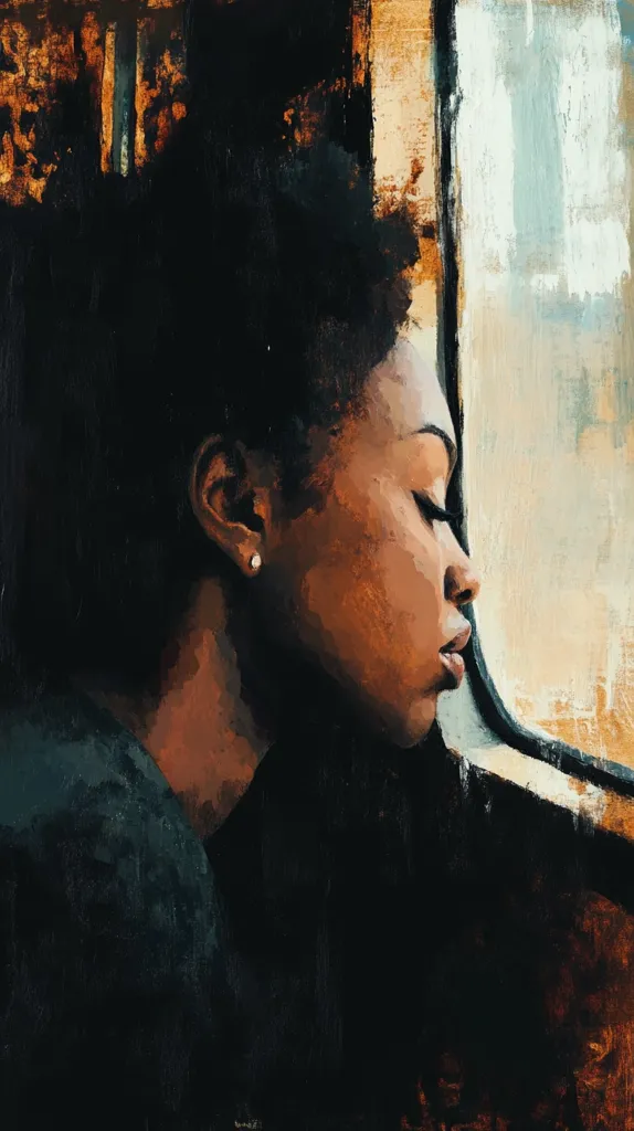 The painting features a close-up of a woman's face. She has dark skin and dark curly hair that frames her face. Her eyes are closed and she appears to be asleep or lost in thought. The painting is done in a realistic style with soft brushstrokes and warm colors. The background is blurry and out of focus, creating a sense of intimacy and isolation. The overall effect of the painting is one of peace and tranquility.