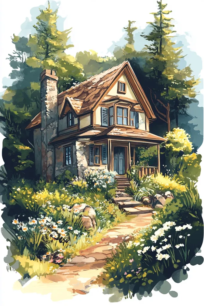 The image depicts a charming cottage nestled amongst lush greenery. The stone-built home features a wooden porch and a sloping roof. A winding pathway leads up to the house, surrounded by a vibrant garden of white flowers and lush foliage. Tall trees stand guard at the edge of the property, creating a serene and secluded atmosphere. The soft light and warm colors convey a sense of peace and tranquility.