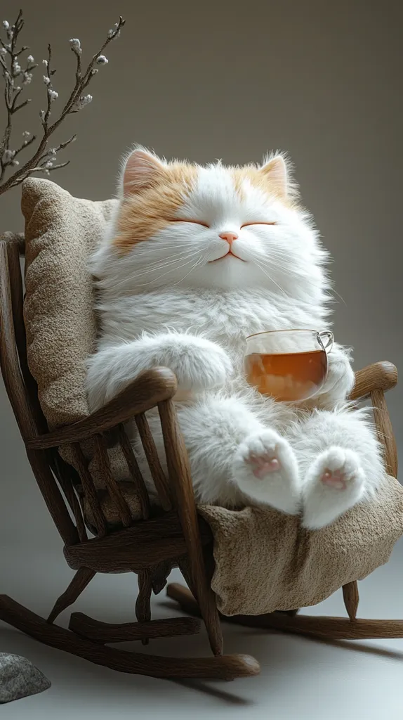 A fluffy white and orange cat sits in a wooden rocking chair, its eyes closed in contentment. It holds a glass of tea in its paw, as if enjoying a relaxing afternoon. The cat's peaceful expression and the cozy setting create a serene and heartwarming scene. The image evokes feelings of tranquility and the simple joys of life.