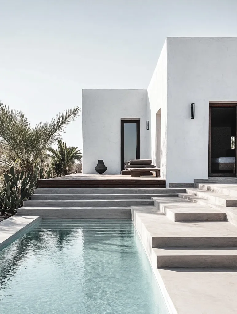 A minimalist modern villa with a clean white exterior and a sleek rectangular pool. Concrete steps lead down to the water, creating a geometric design. The villa features large windows and sliding doors, inviting natural light inside. The surrounding landscaping is sparse, emphasizing the minimalist aesthetic.  The image is shot in a muted color palette, with shades of white, grey, and blue.