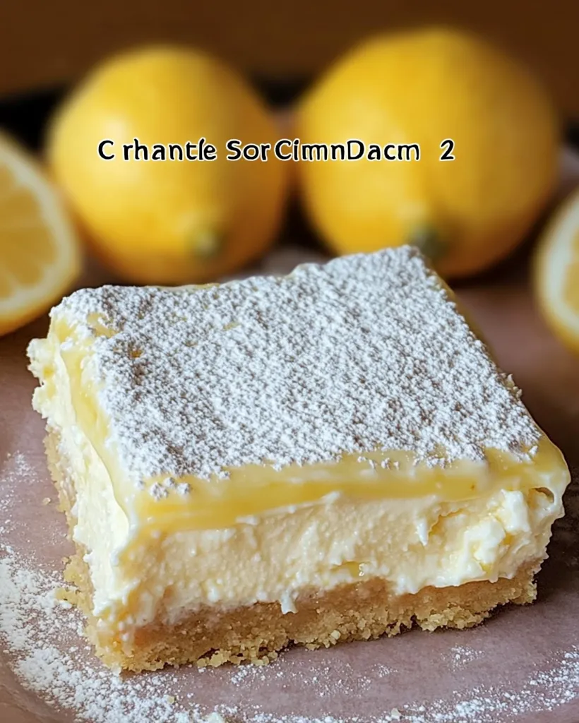 A slice of lemon cheesecake sits on a plate, dusted with powdered sugar. The cheesecake has a creamy filling and a buttery crust. Two whole lemons and a lemon wedge sit in the background. The image evokes a feeling of freshness and sweetness.