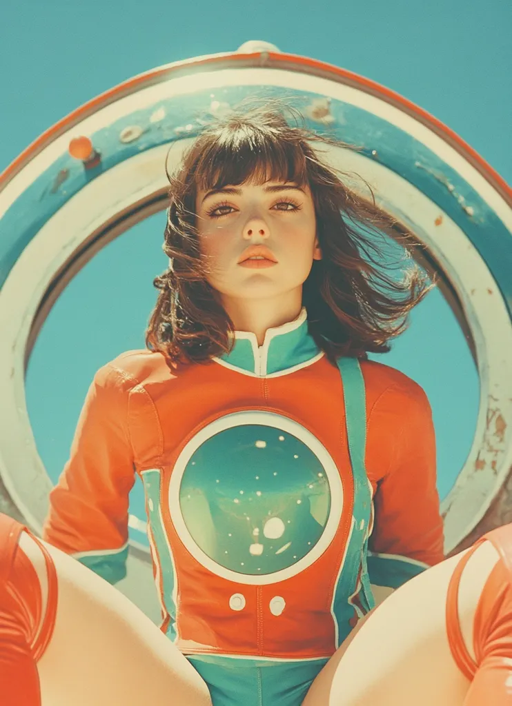 A young woman with short dark hair and a serious expression sits in front of a large circular frame. She is wearing a futuristic, orange jumpsuit with a round, green window on the chest and blue accents. The frame is painted in red, white, and blue, and the background is a bright blue sky. The image has a retro, sci-fi aesthetic.