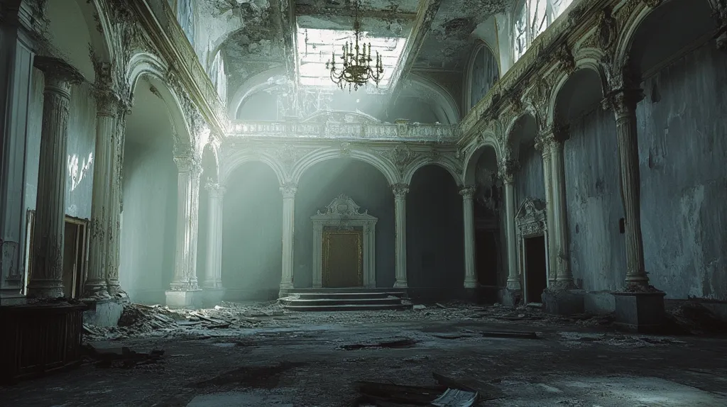 The image shows the interior of a large, abandoned building. The walls are crumbling and covered in dust.  Light streams through a broken skylight, illuminating a grand, arched doorway and a chandelier hanging above. The once elegant space is now filled with debris, creating a sense of decay and neglect. The overall atmosphere is eerie and haunting.