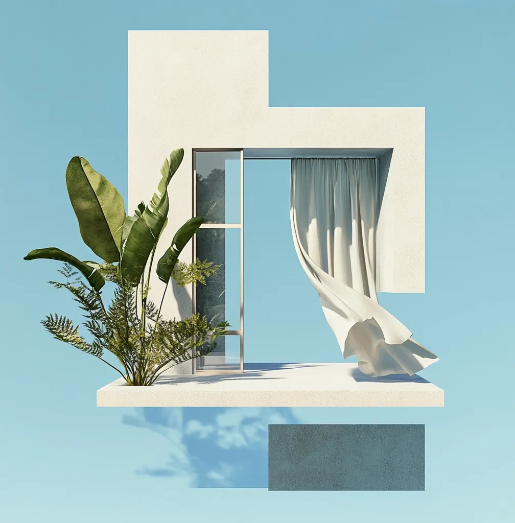 A minimalist, modern-styled image showcasing a white structure with a large window and a flowing white curtain. A lush green plant sits in front of the structure. The backdrop is a pale blue sky. The image conveys a sense of tranquility and serenity.  The shadows of the structure and the plant create a sense of depth and dimension. The overall aesthetic is clean, simple, and inviting.