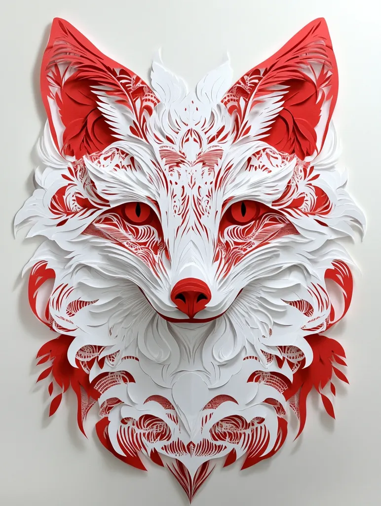 The image depicts a paper-cut artwork of a fox's face. The fox's face is intricately detailed, with the white paper representing the fur, and the red paper representing the ears, nose, and decorative elements. The paper is cut into a variety of shapes and layers to create a three-dimensional effect. The overall effect is a striking and visually appealing piece of art.