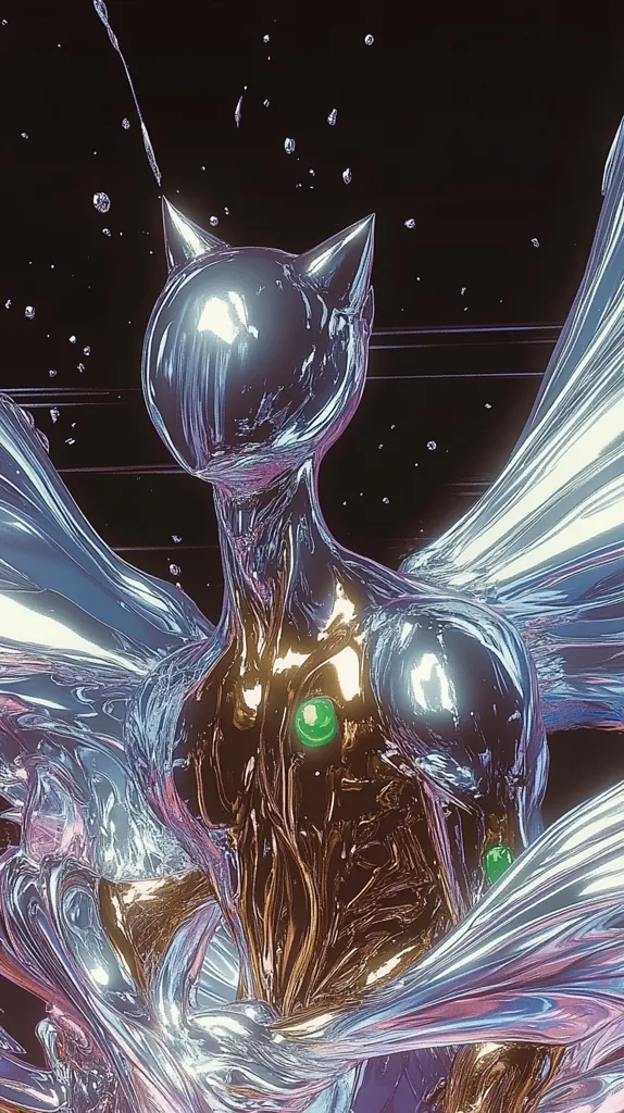 The image depicts a surreal and abstract figure composed of swirling, iridescent liquid. Its humanoid form is adorned with two prominent ears, suggesting a feline influence. The figure's body shimmers with a metallic sheen, transitioning from silver to gold, while a vibrant green gem sits prominently on its chest. The liquid-like material, reminiscent of flowing water or molten metal, creates a dynamic and ethereal effect against a dark backdrop. The figure appears to be emerging from a pool of the same liquid, further emphasizing its fluid and ethereal nature. The overall composition evokes a sense of mystery and otherworldly beauty.