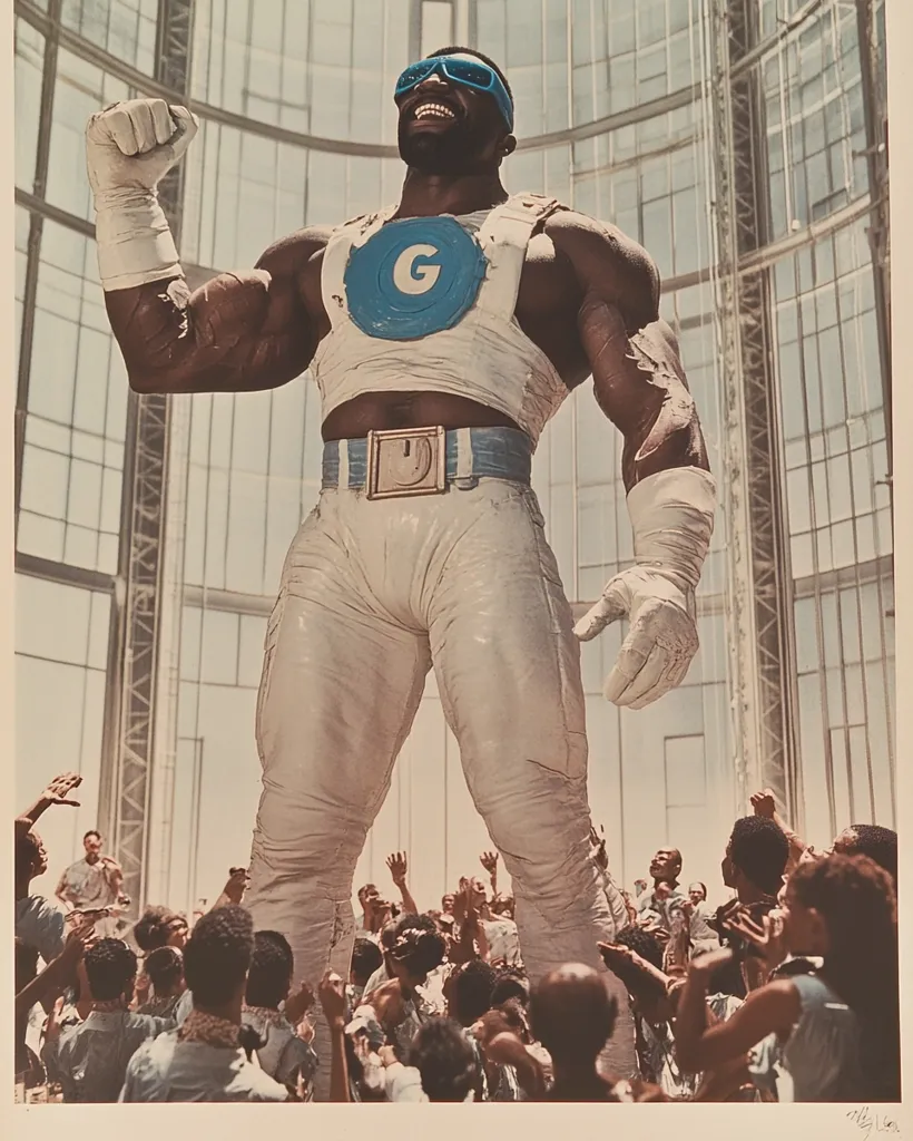A muscular black man, dressed in a white costume with a blue "G" on his chest, stands tall in a glass building. He is smiling and has one arm raised in triumph, while a crowd of people cheers up at him, their faces filled with awe and admiration. The image suggests a powerful figure, a hero or a symbol of hope, towering over the crowd. The background with the glass building and the sunlight adds a sense of grandeur and spectacle.