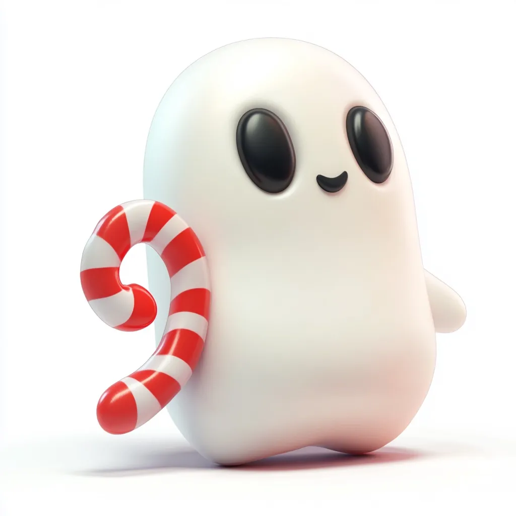 A cute, cartoon ghost with big eyes and a small smile is holding a red and white candy cane. The ghost is white and has a round, chubby body. It appears to be a friendly ghost, perhaps a Christmas-themed character. The background is a simple white.