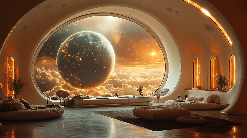 The image depicts a futuristic room with a large, circular window overlooking a breathtaking view of a distant planet. The room is decorated in warm tones and features comfortable, circular seating arrangements. The planet outside the window is filled with glowing lights, creating an ethereal and awe-inspiring atmosphere. The room feels both cozy and futuristic, offering a serene escape from the hustle and bustle of daily life.  The overall image suggests a world where humans have achieved advanced technology and are exploring the vast expanse of space.