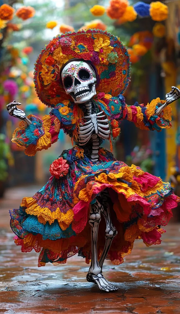 A skeletal figure dressed in a vibrant, multi-colored dress and a large, floral hat.  The skeleton is dancing, with its arms outstretched and a joyful expression on its painted skull face. The dress is adorned with ruffles and lace, and the background is blurred, emphasizing the figure's lively movement.  The image evokes a celebration of life and death, possibly referencing the Mexican tradition of Día de Muertos.