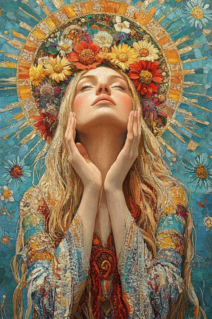 The image depicts a woman with long blonde hair, wearing a floral crown and a colorful patterned dress. She has her hands clasped in front of her face and her eyes are closed.  The woman is the central focus of the image, with a large, circular mosaic design behind her that appears to be a sun or a halo. The background is a mixture of blue, yellow, and green colors, also created with mosaic tiles. The overall mood of the image is serene and spiritual.