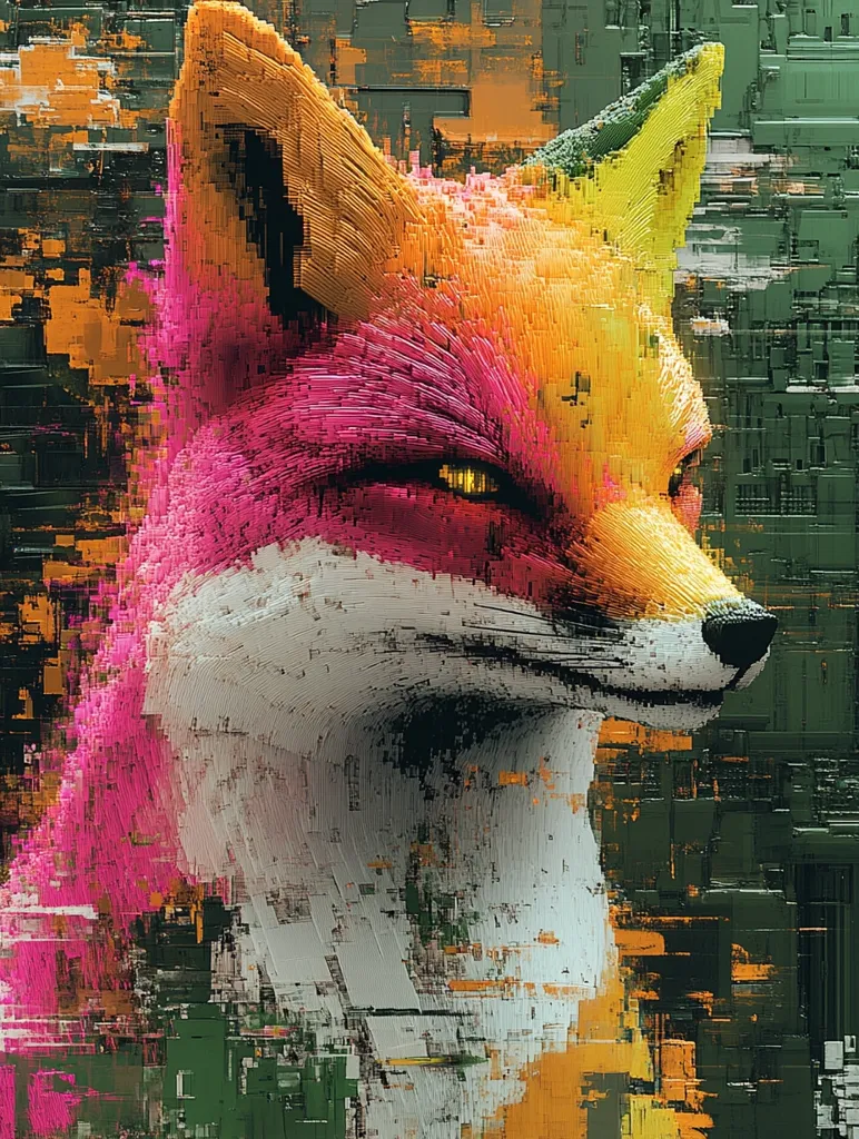 The image depicts a close-up of a fox's face rendered in a digital, pixelated style. The fox's fur is a vibrant mix of pink, orange, and yellow, with a hint of white. The background is a blurred abstract landscape of green, orange, and yellow hues, giving the image a surreal and dreamlike quality. The fox's eyes are glowing yellow, adding to the image's otherworldly feel. The overall effect is a playful and whimsical portrayal of a fox in a digital world.