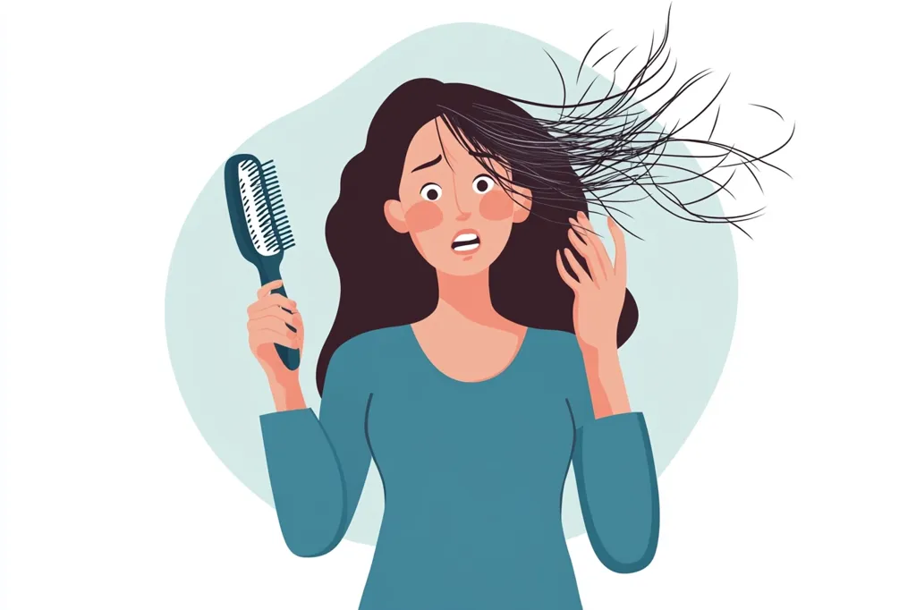 A woman with long dark hair is having a bad hair day. Her hair is standing on end, and she's holding a hairbrush in one hand and her other hand to her head, as if in shock. She has a look of worry and distress on her face. The background is a simple, pale blue circle.