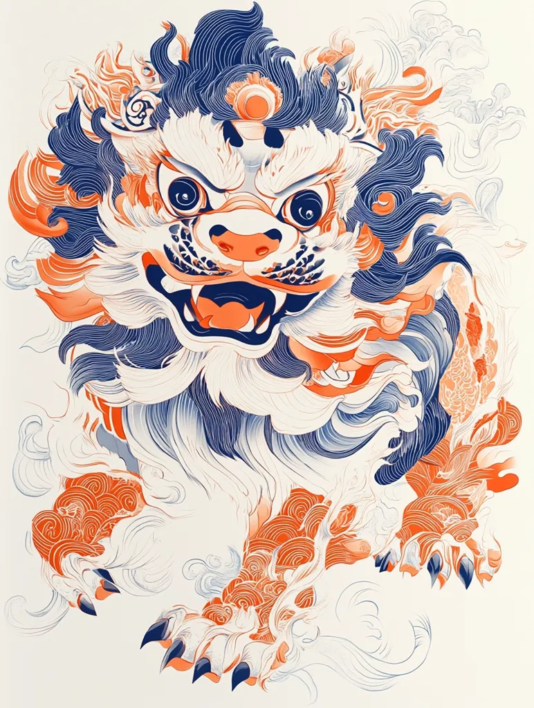 The image depicts a fierce, stylized lion with a ferocious expression. It is rendered in a bold, graphic style with a dominant color palette of orange, blue, and white. The lion's mane and fur are rendered in swirling, layered patterns, creating a sense of dynamic movement. The image has a traditional Japanese or Chinese aesthetic, perhaps inspired by woodblock prints or other decorative arts.  The overall effect is powerful and captivating.