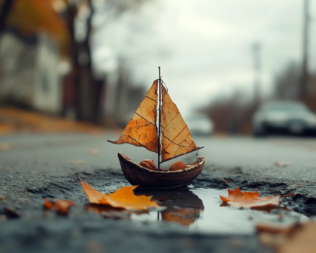 A miniature sailboat made of leaves and twigs sits in a puddle on a wet street. It is a small boat with a brown hull and a sail made of a dried leaf. The boat is surrounded by fallen leaves, and the background is a blurry image of a street and buildings. The image is a beautiful and whimsical representation of nature.