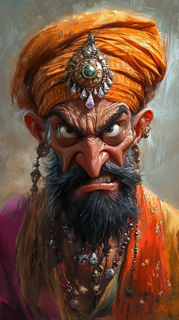 The image depicts a man with a fierce expression. He is wearing a bright orange turban adorned with jewels. He has a long, bushy beard and is adorned with several necklaces. His eyes are narrowed, and his mouth is open in a snarl. The painting is done in a style that suggests a sense of drama and intensity.  The background is muted, focusing attention on the man's face.