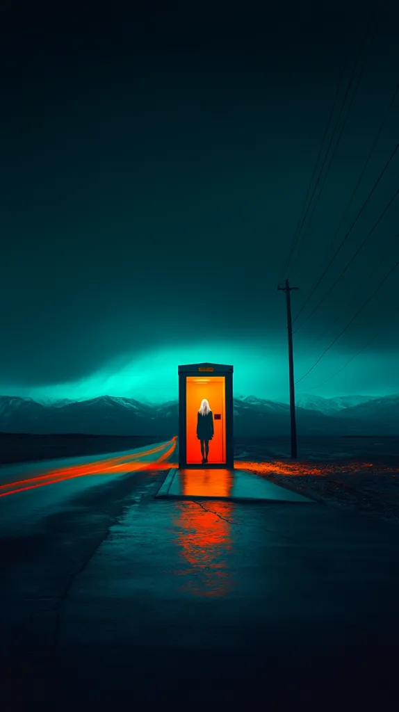 The image depicts a lone figure standing in a brightly lit phone booth, the only source of light in an otherwise dark and desolate landscape. The figure is silhouetted against the orange glow emanating from the booth, creating a striking contrast against the deep blue hues of the night sky and the distant mountains. The road leading up to the booth is empty, save for the faint streaks of red light from passing cars. The scene evokes a sense of solitude, isolation, and mystery.