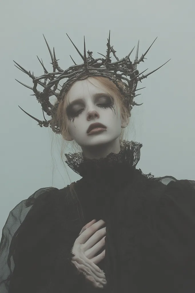 A woman with pale skin and dark eyeshadow wears a black dress and a crown of thorns. Her eyes are closed, and she holds her hands to her chest. The background is a soft gray, and the overall mood is somber and mysterious.