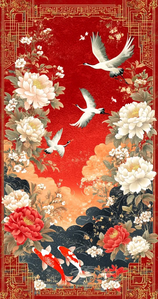 The image depicts a vibrant, traditional Chinese artwork.  A red background, accented with gold, provides a striking backdrop for delicate white and red peonies. Three cranes soar through the sky, their graceful forms echoing the movement of the floral branches.  The scene is framed with intricate gold borders, adding a touch of opulence and symmetry.  A pair of golden koi fish swim at the bottom, completing this harmonious and visually captivating artwork.