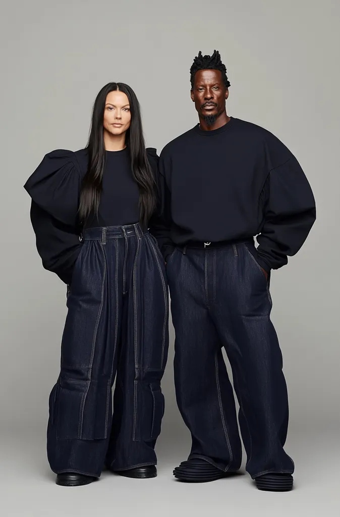 A woman and a man are standing in front of a gray background. They are both wearing black shirts and wide-leg, dark wash denim jeans. The woman has long, dark hair, and the man has short, dark hair with dreadlocks. They are both looking at the camera. The image is well-lit and has a neutral color palette.