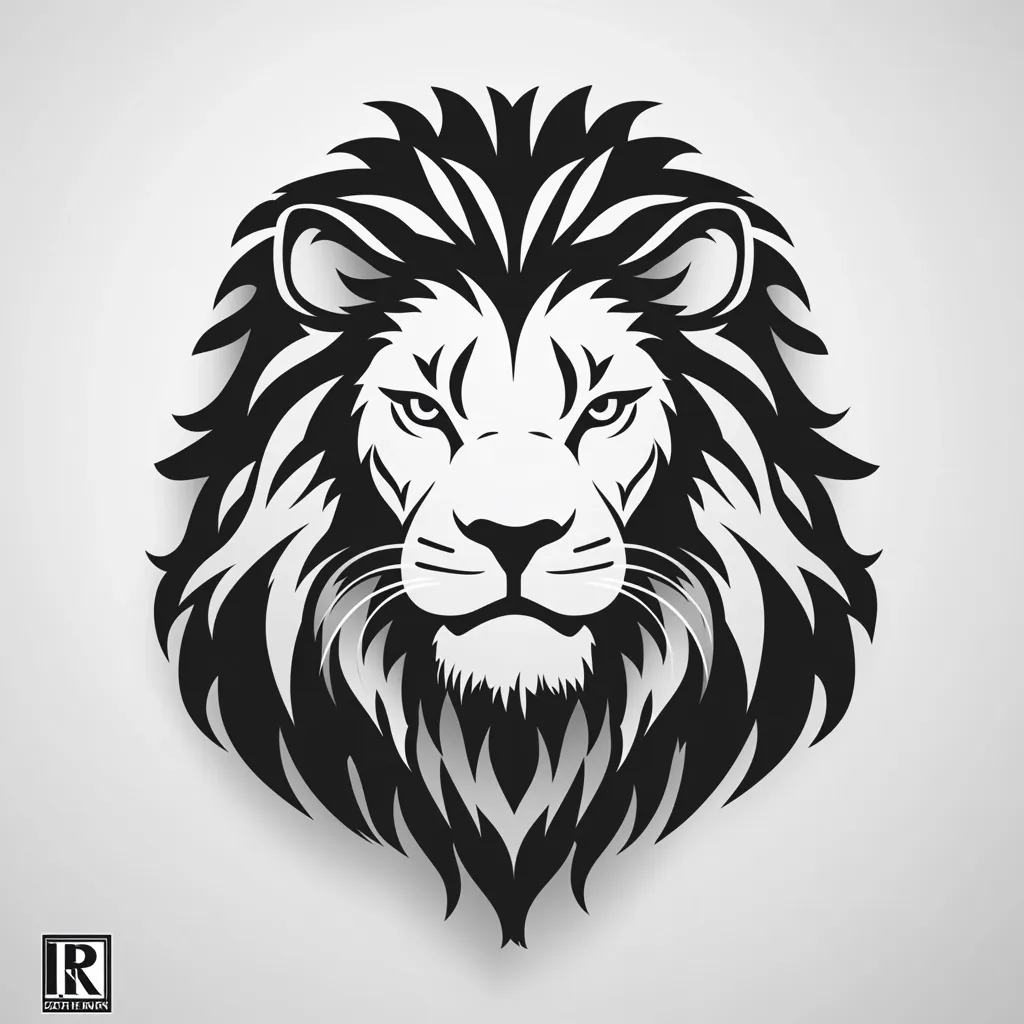 The image is a black and white illustration of a lion's head. The lion is facing forward with its mouth closed. It has a thick mane of hair and sharp, piercing eyes. The background is a simple white color, allowing the lion's head to stand out as the focal point. The illustration is detailed and realistic, conveying the power and majesty of the animal. The lion's expression is serious and focused, giving the impression of strength and confidence. The overall composition is striking and visually appealing.