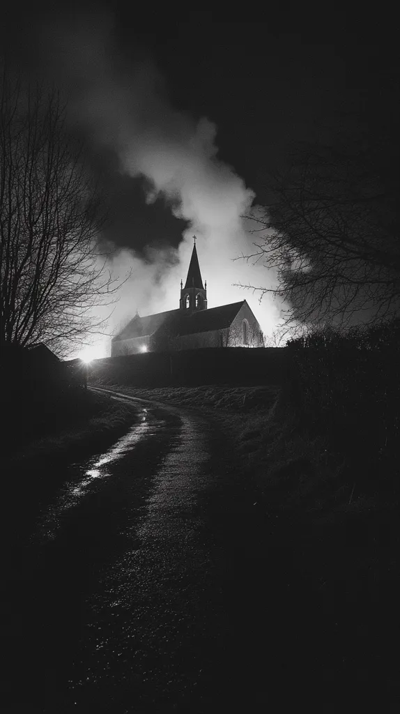 The image is a black and white photograph of a church at night.  The church is silhouetted against a dark sky, with only the steeple and a few windows visible.  There is a path leading up to the church, and some trees are visible on either side.  The image is moody and atmospheric, with a sense of mystery and solitude.  The heavy clouds above make the image dark and almost ghostly.  The light reflecting off the wet road adds a sense of depth.