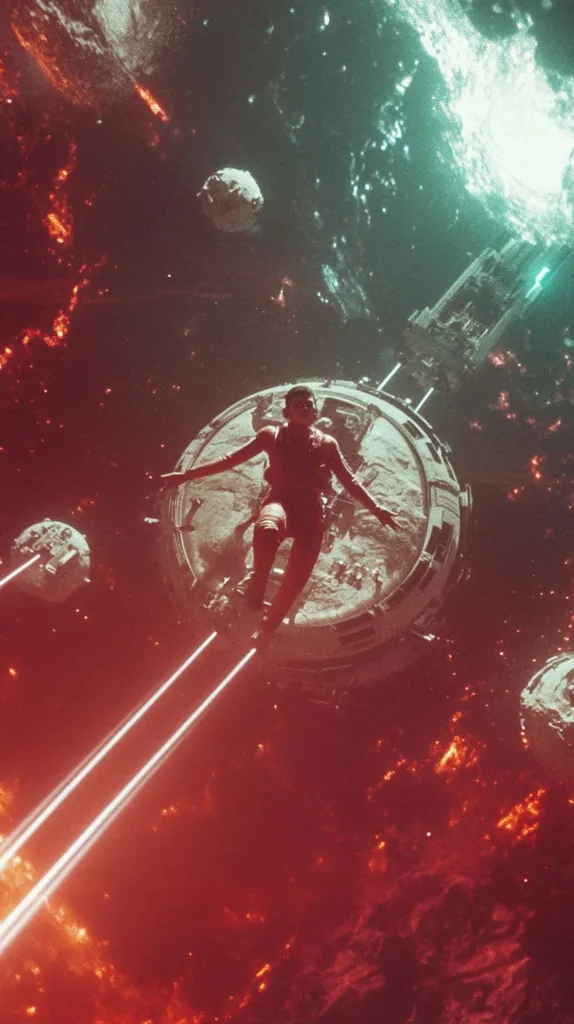 A lone figure floats in the vast emptiness of space, silhouetted against the backdrop of a swirling nebula. They appear to be suspended between two celestial bodies, one a fiery red and the other a cool green. The figure is positioned between two beams of white light, emanating from the lower portion of the image. A small, grey spaceship floats in the foreground, while a larger, more complex spacecraft is visible in the upper portion of the image.  The scene is both mesmerizing and unsettling, filled with a sense of awe and isolation.