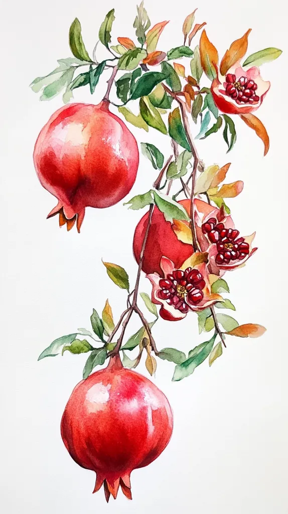A watercolor painting depicts a pomegranate branch with three ripe pomegranates. The fruit is a vibrant red, with some revealing their juicy red seeds. The leaves are a mix of green and brown, and the background is a simple white. The painting captures the beauty and detail of the fruit.