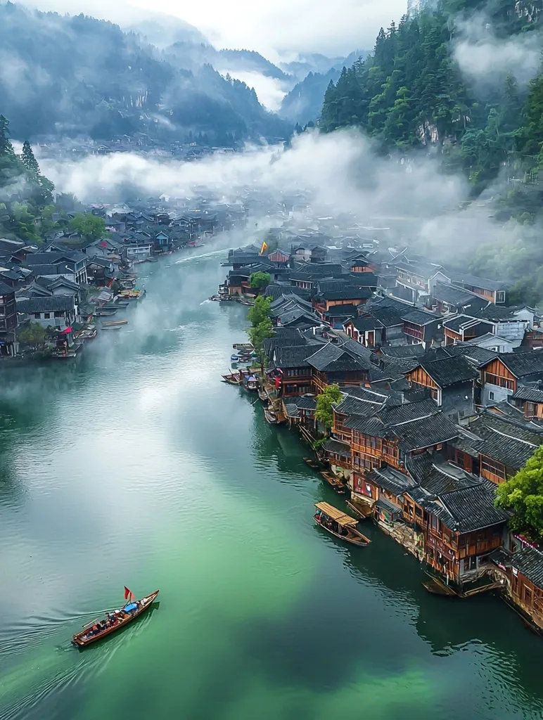 A picturesque village nestled within a misty valley, with traditional wooden houses lining the banks of a jade-green river. The scene is serene and tranquil, with the mist swirling around the mountaintops, creating a dreamlike atmosphere. The river flows gently through the village, carrying boats with their passengers, adding a sense of movement and life to the scene. The towering mountains in the background offer a sense of grandeur and isolation, contributing to the overall beauty of the landscape. The scene evokes a sense of peace and harmony with nature, making it a truly captivating and breathtaking sight.