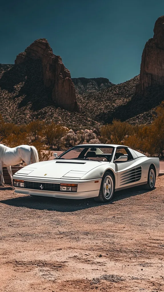 A white Ferrari Testarossa is parked in a desert setting. The car is facing the camera with the driver's side door open. The car is in front of a white horse and the backdrop is a red rock desert. The sky is a vibrant blue.
