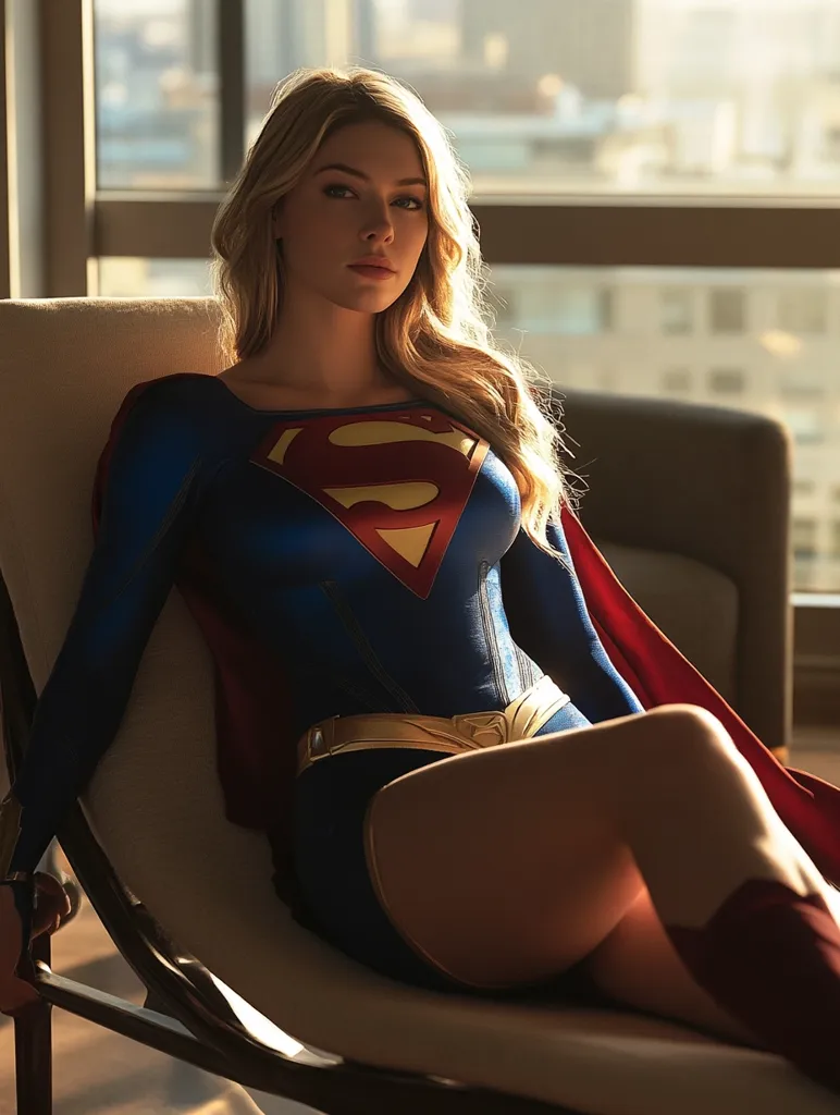 A woman dressed as Supergirl sits in a modern chair, looking directly at the camera with a serious expression. She wears the iconic blue and red costume with a golden belt and a red cape draped over her legs. The sunlight streams through a large window behind her, illuminating her blonde hair and highlighting the details of her costume. Her pose exudes confidence and strength, capturing the essence of the superhero she embodies.