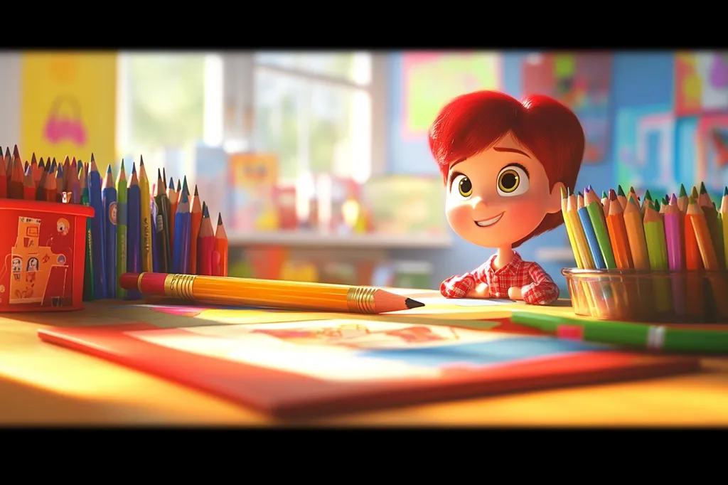 The image shows a cartoon child sitting at a desk, surrounded by colorful pencils. A yellow pencil lies on the desk, and the child has a big smile on their face, suggesting they are excited to start drawing. The image is lit by a warm, sunlit window, creating a cheerful atmosphere.  The scene evokes a sense of childhood joy and creativity.