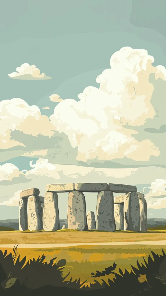 The image depicts Stonehenge, a prehistoric monument consisting of large standing stones. The stones are arranged in a circular pattern, with a few stones arranged in a horseshoe shape. The image is set against a backdrop of a blue sky with fluffy white clouds. The ground is a vibrant yellow-green, suggesting a field. The overall image is reminiscent of a vintage travel poster, with bold colors and a simple composition.