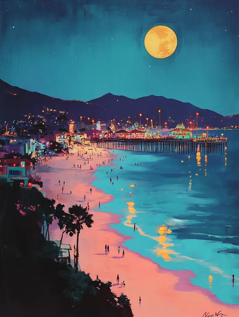 A vibrant painting captures a night scene on a beach with a large, yellow moon hanging high in the sky.  The beach is bathed in soft, pink light with a row of palm trees and a pier reaching out into the turquoise water.  A few silhouetted figures stroll along the shore.  The cityscape in the distance is lit by twinkling lights, adding to the magical ambiance of the scene.