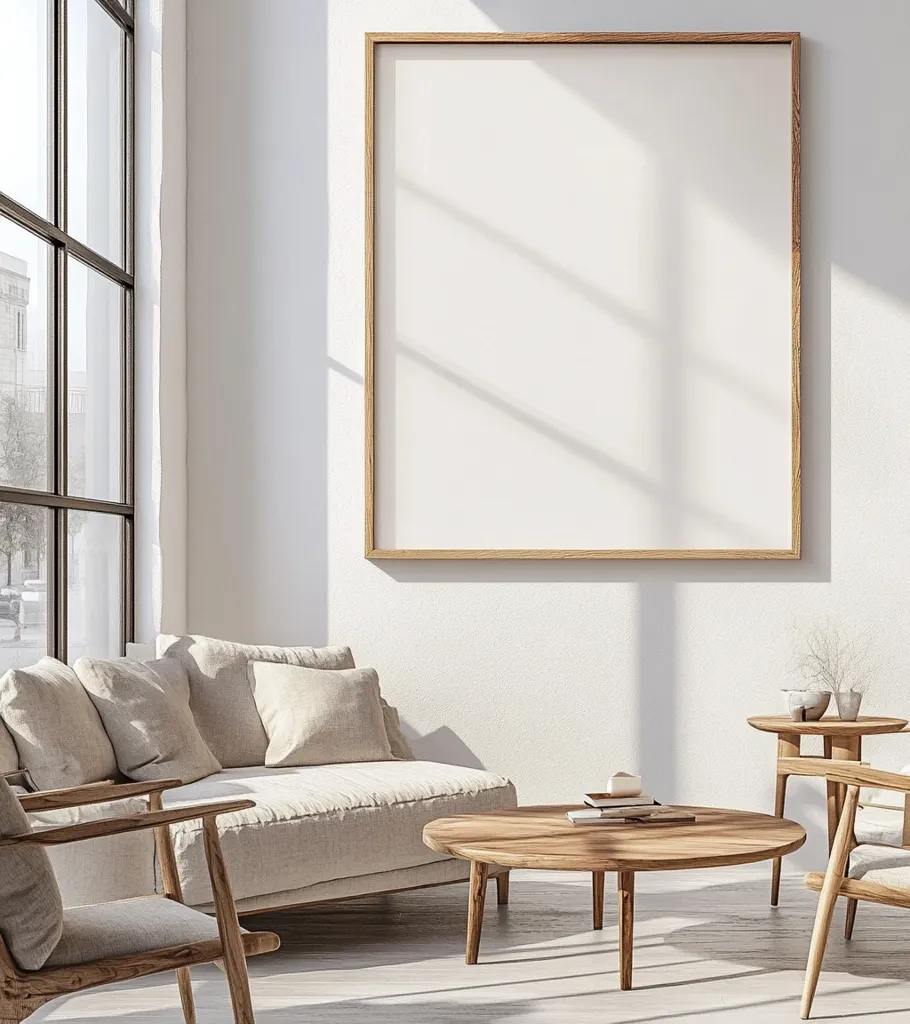 The image shows a modern living room with a large, empty picture frame on the wall, a large beige couch, a coffee table made of natural wood, and a side table with a vase of branches. Sunlight streams in through a large window, casting shadows on the walls and floor. The minimalist style of the room creates a clean and inviting atmosphere.