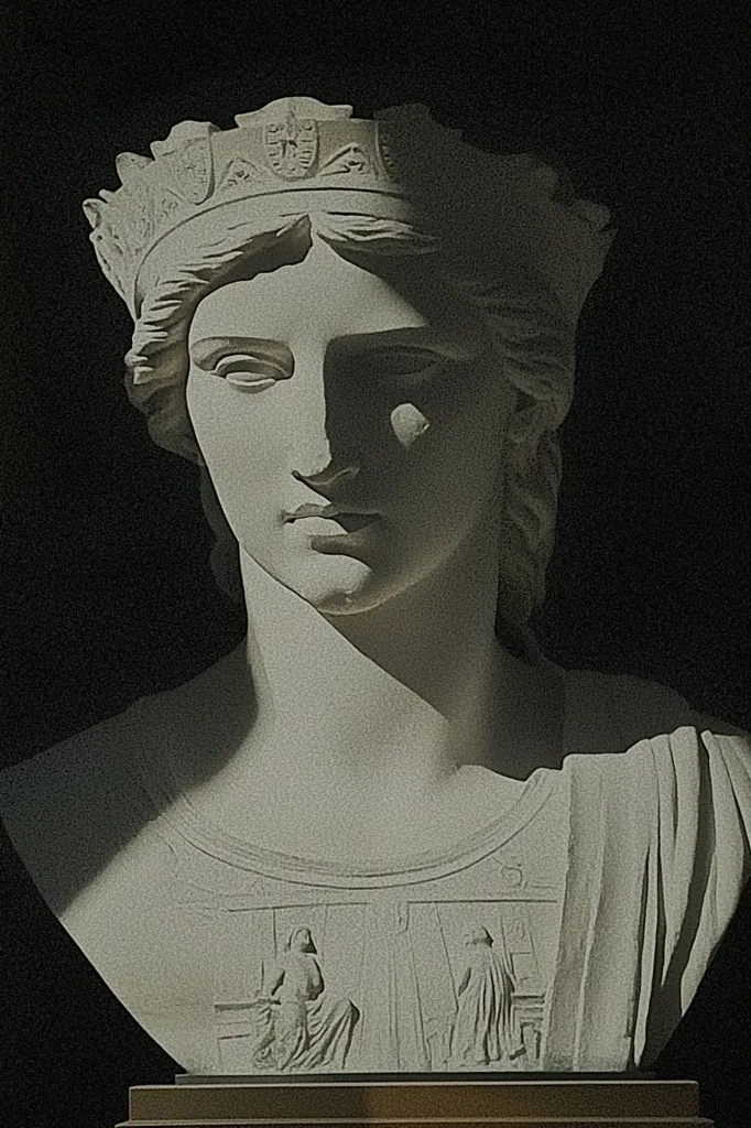 The image depicts a white marble bust of a woman wearing a crown. The bust is lit from the left side, creating dramatic shadows and highlighting the intricate details of the crown and the woman's face. The woman's expression is serene, and her eyes are closed. The bust is set against a dark background, which makes the white marble stand out even more. The base of the bust is carved with figures that are partially obscured by shadows. The overall effect of the image is one of beauty, mystery, and timelessness.