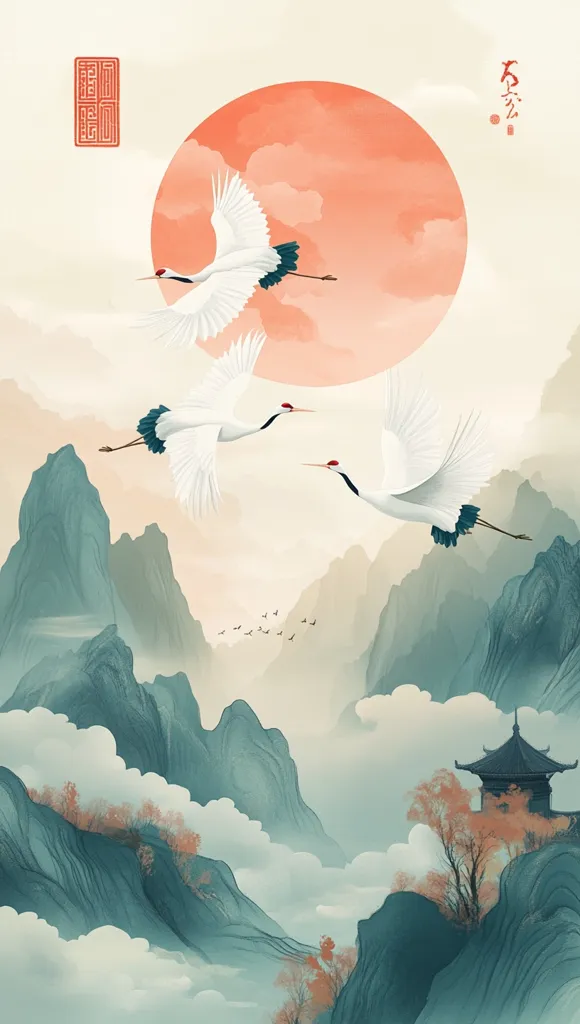 The image depicts a serene landscape with three white cranes flying against a backdrop of a large orange sun. The cranes are flying over a misty mountain range, with a small temple perched on a peak in the distance. The scene is painted in soft, muted colors, creating a sense of tranquility and peace. The image is inspired by traditional Chinese art and evokes a sense of harmony and balance.
