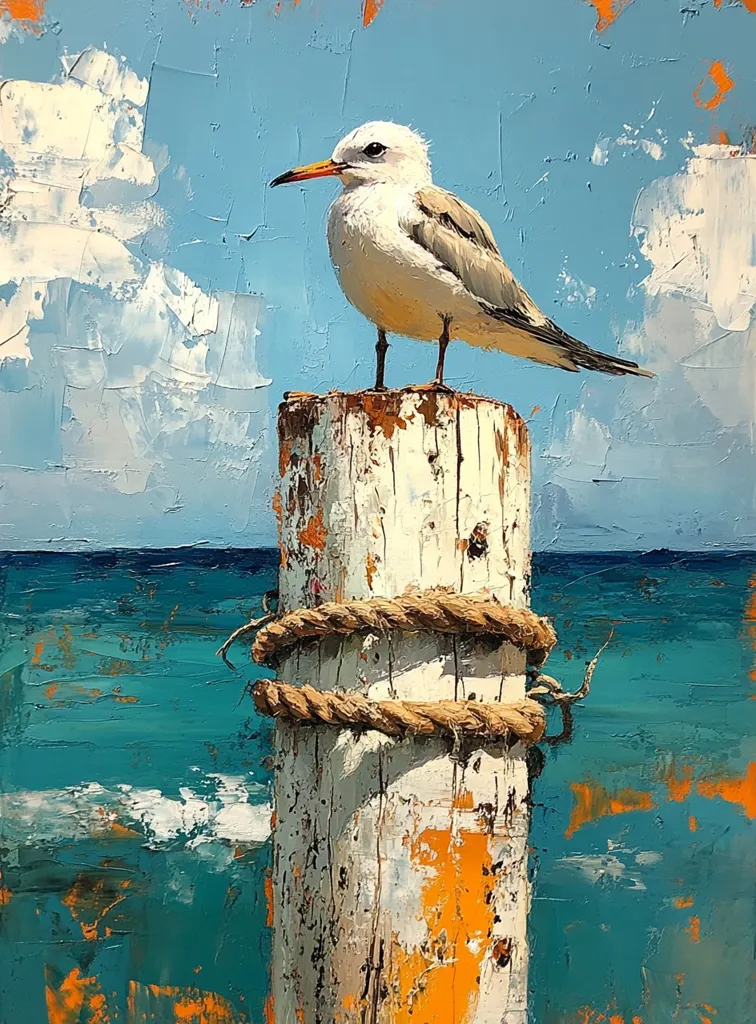 A white seagull perches atop a weathered wooden post, its orange beak pointed towards the viewer. The post is wrapped in brown rope, and stands against a backdrop of bright blue water and fluffy white clouds. The sea shimmers in turquoise tones, adding a touch of tranquility to the scene. The painting captures the essence of a peaceful seaside moment, with bold brushstrokes and a vibrant color palette.
