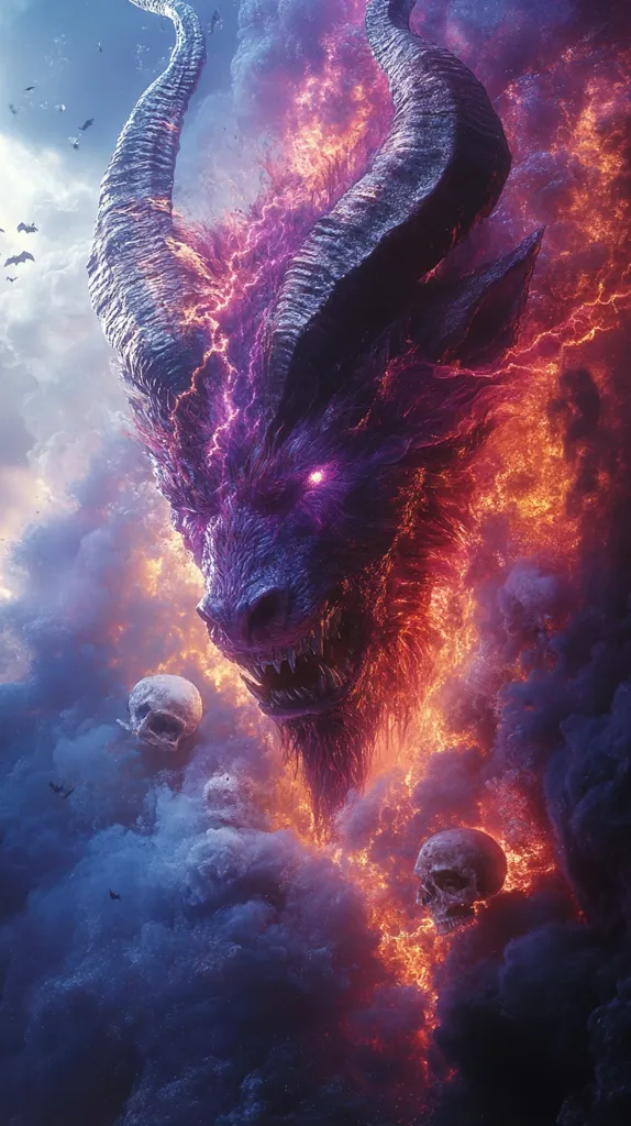 A fiery, demonic beast with glowing eyes and large horns emerges from a swirling cloud of smoke and fire. The creature's menacing face is partially obscured by the flames, creating a sense of foreboding. Scattered throughout the image are skulls, adding to the sinister atmosphere. The composition emphasizes the beast's power and the chaotic nature of the scene.