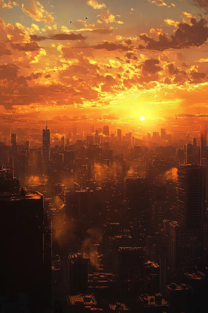 A panoramic view of a city skyline bathed in the warm glow of a setting sun. The sky is a brilliant orange, with wispy clouds and a few birds flying overhead. The city's tall buildings are silhouetted against the fiery sky, casting long shadows across the cityscape. A haze hangs over the city, creating an ethereal atmosphere.  The sun, a bright orb, is just beginning to dip below the horizon. The scene is one of beauty and tranquility, as the city prepares for the night.