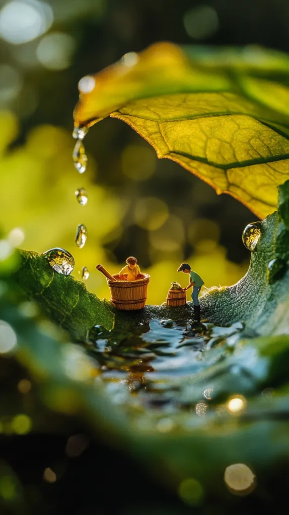A large, vibrant green leaf forms a canopy over a miniature scene.  Two tiny figures stand near a small wooden tub. The leaf is wet with raindrops, creating a shallow puddle reflecting the sunlight. The scene is a playful, whimsical depiction of a tiny world within the larger world of the leaf.