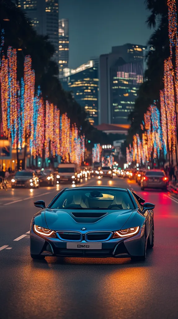A sleek blue BMW i8 sports car drives down a city street at night. The car's headlights illuminate the asphalt, and the cityscape is a blur of lights in the background. The street is lined with trees adorned with twinkling Christmas lights, creating a festive ambiance.  The car's sharp lines and powerful engine suggest a thrilling driving experience.