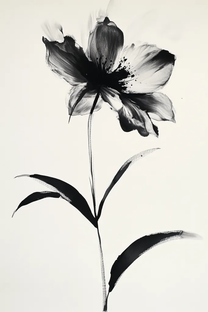 A single black and white flower with a thick stem and leaves, set against a white background. The flower is stylized, with a large, open bloom and a dark center. The leaves are long and slender, and they curve gently around the flower. The overall effect is one of elegance and simplicity. The painting is likely done in ink or watercolor. The artist's choice of colors and brushstrokes creates a sense of movement and energy. The image is evocative and graceful.