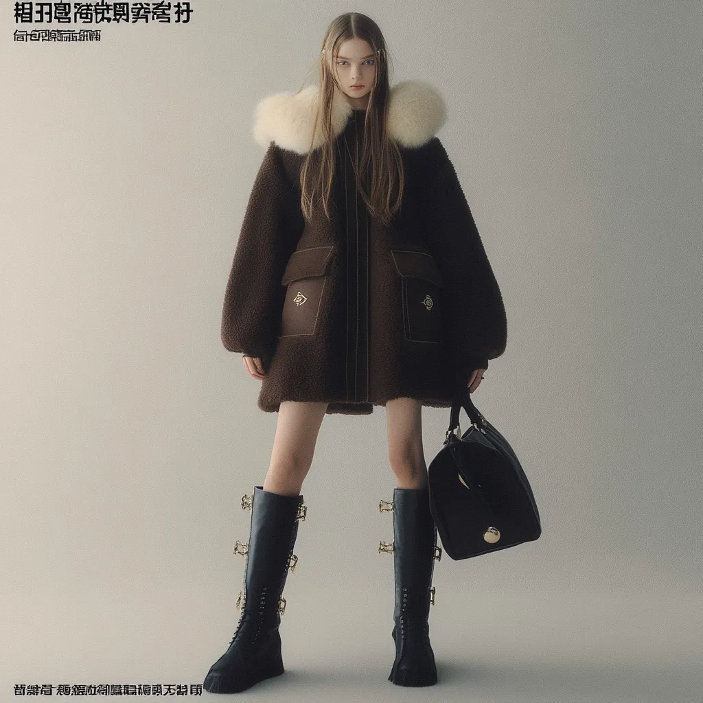 A young woman is wearing a brown shearling coat with a white fur collar. She is also wearing black leather boots with gold buckles and carrying a black leather duffel bag. She is standing in front of a plain white background.  The image is likely a fashion shoot for a clothing brand.  The woman's pose is relaxed and confident, showcasing the details of the outfit.