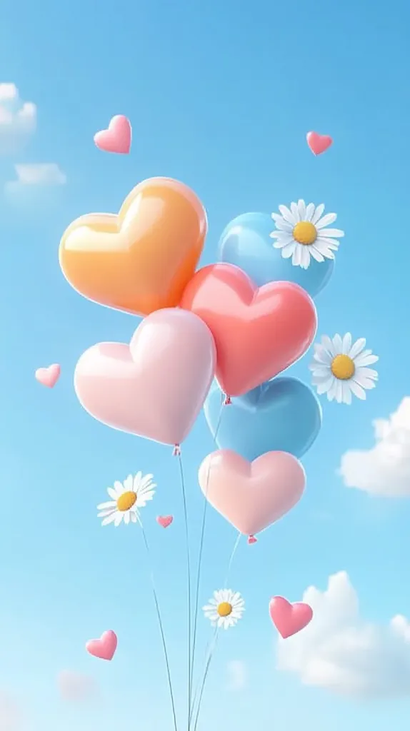 The image depicts a cluster of heart-shaped balloons floating against a bright blue sky with wispy white clouds. The balloons are in various pastel shades of pink, orange, and blue, creating a whimsical and cheerful atmosphere. Tiny pink hearts and white daisies adorn the strings of the balloons, adding a touch of charm to the scene. The overall image evokes a sense of joy, love, and innocence.