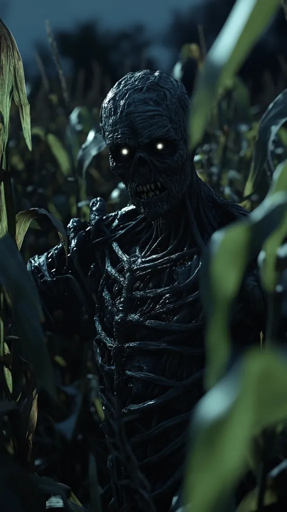 A shadowy figure with glowing eyes and a grotesque face stands in a field of corn. The creature is partially obscured by the tall stalks, creating a sense of mystery and dread. Its skeletal, veiny skin and sinister grin add to the terrifying atmosphere. The dark background and dim lighting enhance the feeling of unease. The image evokes a sense of horror and anticipation.