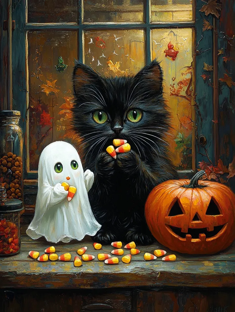 A black cat and a white ghost sit beside a carved pumpkin on a wooden counter, surrounded by a scattering of candy corn. The cat holds a handful of candy corn in its paws, while the ghost holds a piece in its hand. The scene is set against a backdrop of an old window with a view of a fall landscape. The painting has a whimsical, festive feel, capturing the spirit of Halloween.