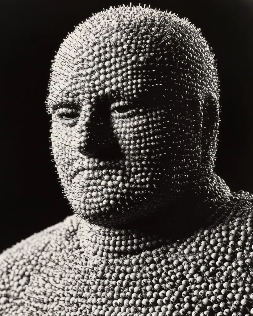 The image shows a person's head and upper body covered in small, round objects, resembling pins or tacks. The image is in black and white, and the person's face is partially obscured by the objects. The objects are closely packed together, giving the image a textured and slightly unsettling feel. The image is likely a piece of body art or performance art, highlighting the relationship between the body and objects.  The overall impression is one of discomfort and the fragility of the human form.